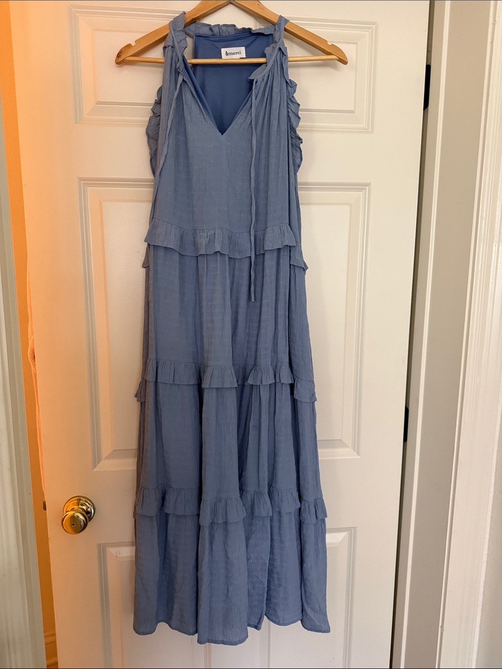 Dusty Blue Ruffle Tiered Maxi Dress by &merci